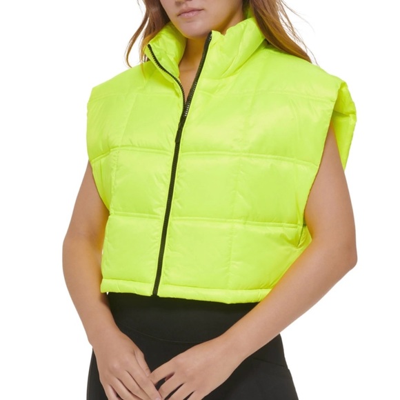 ❇️Calvin Klein❇️ Cropped Mock-Neck Zip-Up Puffer Vest In Neon Green  Size M - Picture 1 of 9
